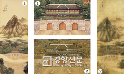 안중식의 1915년 작품인 ‘백악춘효’(2점) 에서 보이는 광화문 현판. 바탕이 어두운 색임을 금방 알 수 있다. |강임산의 논문, ‘1968년 광화문 복원의 성격, 명지대 석사논문. 2015