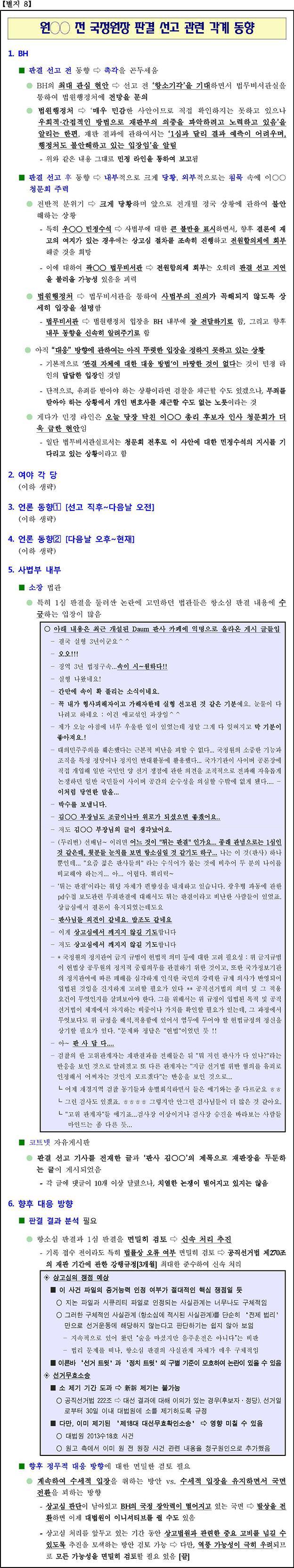 법원행정처에서 작성한 ‘원○○ 전 국정원장 판결 선고 관련 각계 동향’ 문건