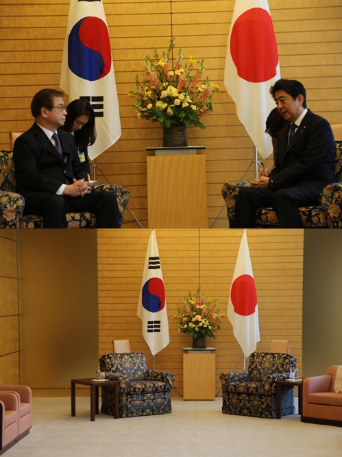 13일 서훈 국정원장이 아베 총리를 만나는 모습(위)과 회담장의 의자(아래). 두 의자의 무늬와 높이가 같다. [연합뉴스 자료사진]