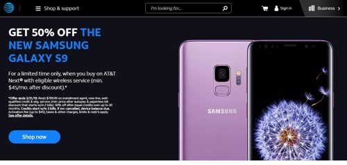 AT&T 갤럭시S9 50% 할인 프로모션 [AT&T 홈페이지]