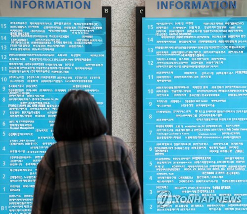 청년, 회사를 찾고 있어요. (서울=연합뉴스) 한상균 기자 = 정부가 청년 일자리대책을 발표한 15일 가산디지털단지에서 한 시민이 입주업체 안내판을 보고 있다. 정부는 34세 이하 중소기업 취업자에게 실질소득 1천만 원 이상을 지원하는 등의 청년 일자리대책을 발표했다. 2018.3.15 xyz@yna.co.kr