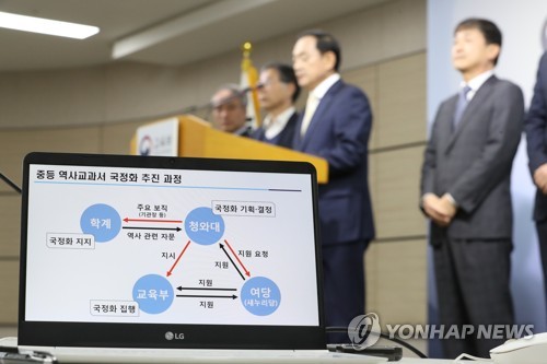 역사교과서 국정화 진상조사 결과 발표 (세종=연합뉴스) 이진욱 기자 = 28일 오전 정부세종청사 교육부에서 고석규 역사교과서 국정화 진상조사위원회 위원장이 조사 결과를 발표하고 있다.     cityboy@yna.co.kr