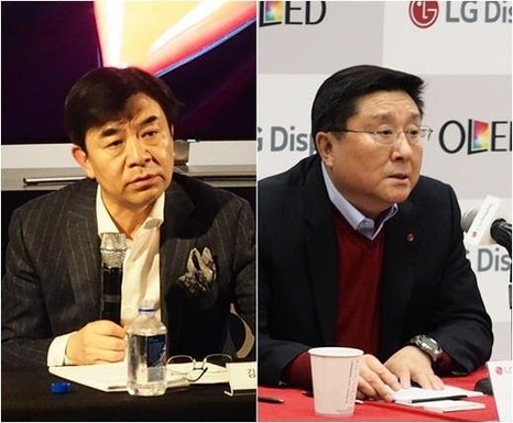 (왼쪽부터) 김현석 삼성전자 소비자가전(CE)부문장(사장), 한상범 LG디스플레이 부회장. /조선DB