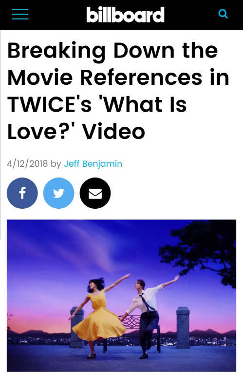 The music video of Girl group TWICEs new song What is Love? Was focused again at Billboard.TWICEs Wat is love? Music video, which presents a variety of sights with colorful movie parodies, continues a new record march on YouTube after the release of the last nine days album.