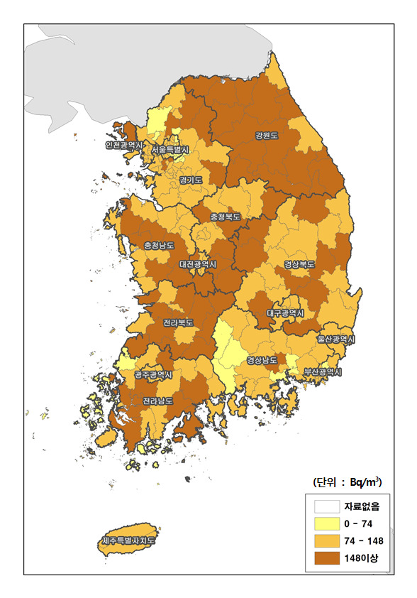 겨울철 주택 실내공기 라돈오염 지도 (단위:Bq/m3) [자료=국립환경과학원]