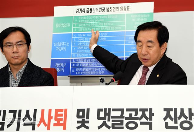 김성태(오른쪽) 자유한국당 원내대표가 15일 서울 여의도 국회에서 김기식 사태 규탄 및 민주당 댓글 진상조사촉구 긴급 기자회견을 하고 있다. 왼쪽은 민주당 댓글조작 진상조사단 단장으로 임명된 김영우 의원. 배우한 기자