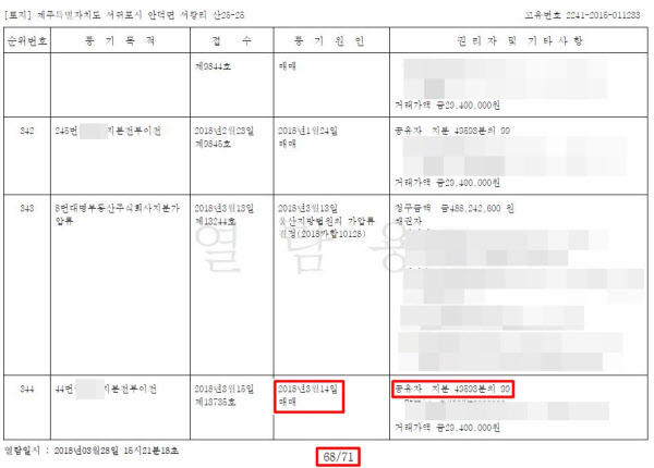 제주 서귀포시 안덕면 서광리 산 25-25 등기부등본. 피해자가 수백여명으로 추산되는 가운데 총책이 구속된 이후에도 거래된 사실이 확인됐다. /이상빈 기자