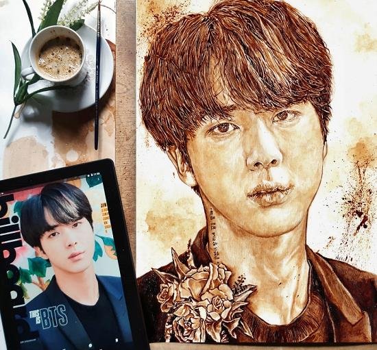 Spains artist Nuria Salcido is not a paint but a Coffee artist who draws pictures using Coffee.Drawing figures, abstraction, landscape and various images on Coffee He began drawing figures of popular idol group BTS in Europe several days ago.Coffee newly drew a picture of the seven BTS members ranging from Vijin, politicians, J - Hop, RM, Jimmin, Sugar.Implementation was the original architect.However, the Coffee diagram which began to draw as a hobby called popularity, and since two years ago I turned to a Coffee artist.Salsido used Twitter as enthusiastically fans of BTS, I was pleased to be able to interact with a lot of BTS fans while drawing their paintings.