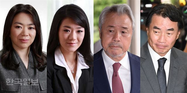 왼쪽부터 조현아 전 대한항공 부사장, 조현민 전 대한항공 전무, 정우현 전 MP 그룹 회장, 이장한 종근당 회장. 한국일보 자료사진.