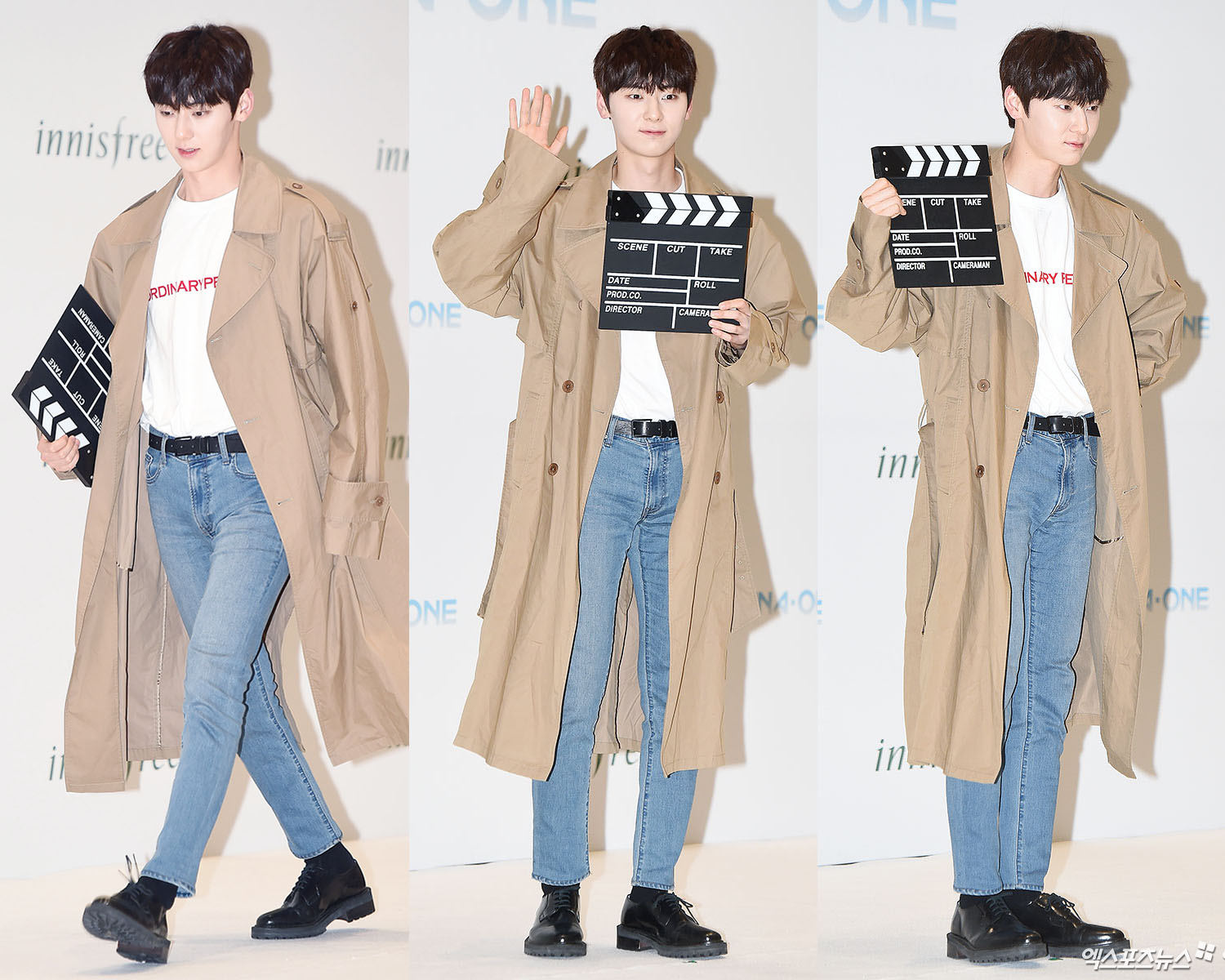 Wanna One Hwang Min-hyun, who attended the Wanna One Fan signing event event ceremony held at Innisfree headquarters in Yongsan-gu, Seoul on the afternoon of the 28th, has a photo time.  Trench coat flying  Campus is a senior  Face is genre and movie itself  Five stars, five hundred stars out of five points  This face, thumb chuck  Visual A +