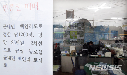 경기 파주시 문산읍의 한 부동산에서 민통선 내 부지를 매각하는 공고문을 내걸었다. 뉴시스 자료사진.