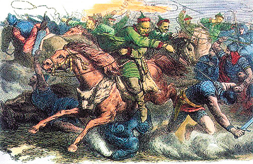 훈족이 지금의 이란 지역을 침공하는 모습을 그린 19세기 그림. 요한 가이거 제공