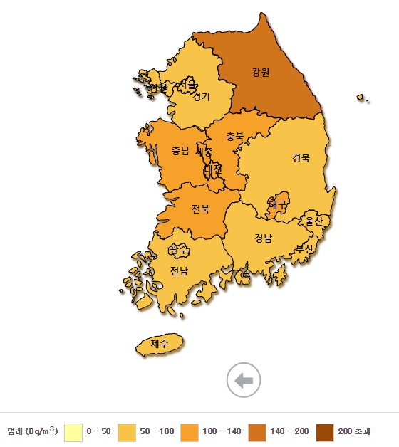 2016년 전국 주택 실내 라돈지도. /자료제공=환경부