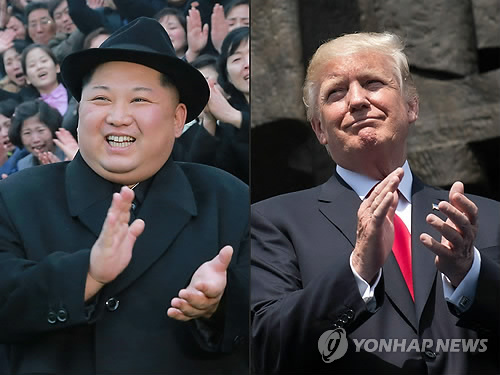 WP "北엄포는 백악관에 경종…'빈손회담'할 수도" (워싱턴 AFP=연합뉴스) 도널드 트럼프 미국 대통령(오른쪽)과 김정은 북한 국무위원장을 합성한 사진. 워싱턴포스트(WP)는 17일(현지시간) 북미정상회담을 재고려할 수 있다는 북한의 '엄포'는 북한이 미국이 원하는 '완전하고 검증 가능하며 불가역적인 비핵화'(CVID) 합의를 하지 않을 것임을 일깨워주는 '경종'이 돼야 한다고 주장하고 트럼프 대통령은 회담에서 빈손으로 걸어나올 수도 있다고 전망했다.      ymarshal@yna.co.kr