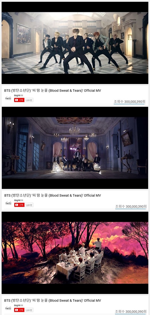 The Music Video for the title song Blood Sweat Tears of the groups BTS regular 2nd album Wings has exceeded 300 million views.On the 20th, BTS agency Big Hit Entertainment, blood sweat tears exceeded 300 million views at 8:39 pm on the 20th.As a result, BTS has exceeded 300 million views including DNA, Burning, Bloody Sweat Tears, and it will have 300 million views Music Videos for the first time in Korea.Blood Sweat Tears, released in October 2016, is a song that shows the powerful energy and groove of the Mumbaton Trap genre, and it is a song about the conflict and growth of the Boys who met the temptation.The Music Video of Blood Sweat Tears is a combination of the sophisticated visual beauty of BTS and the performances of its members, and it is still loved all over the world for more than 6 minutes.In addition, BTS has a total of four Music Videos, including Not Today, Save ME, MIC Drop remixes, and Sang Man, and four Music Videos, including Spring Day, Danger, I NEED U, and Hormon War, which have a total of four more than 100 million views.Meanwhile, BTS will present its new song FAKE LOVE stage for the first time at the 2018 Billboard Music Awards at the MGM Grand Garden Arena in Las Vegas on the 20th (local time).