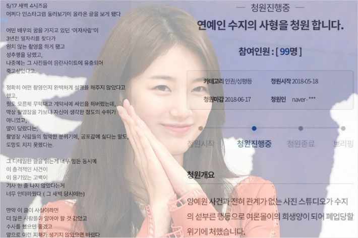 The beginning of the case is from the 17th when singer and actor Bae Suzy uploaded a certification shot to agree to a petition related to the sexual harassment of a famous YouTuber through his SNS.However, the studio pointed out in the petition was found to be irrelevant to the case, and the controversy grew outward.Bae Suzy immediately apologized to his SNS, saying, I learned that the name and owner of the studio in the Blue House petition, which I expressed my consent to, was changed and that those who were not involved in this case were suffering from damage. I apologize to the studio because I expressed my consent to the article.On the 18th, the Blue House petition board said, The photo studio, which has nothing to do with the Yang Yewon case, was in danger of being closed down as a victim of public opinion due to Bae Suzys unrelenting behavior. I think Bae Suzy should be punished by the punishment of death and show the example of social justice to the pigs.Then came a petition to defend Bae Suzy, such as search for the person who petitioned for the death penalty of Bae Suzy and punish immediately, Claiming Bae Suzy as a red captain and so on.Currently, the Blue House petition bulletin board is competing with a petition to punish Bae Suzy and a petition to support Bae Suzy.In addition, he said, Please prevent indiscriminate feminism. As entertainers such as Bae Suzy joined together, one innocent business has come to the point where it has to close completely.Many men and people are suffering from this ugly behavior of feminists and women. According to a petition titled Proposal to Improve the Blue House Petition, Bae Suzy posted a video of the National Petition consent to his Instagram story and this petition showed an amazing increase in three days. I do not point out that personal political opinions are wrong, but this situation is dominated by the number of fans who are opposed to or against It is a serious problem that can come out. Currently, the Blue House petition bulletin board is increasingly demanding improvements to the Blue House petition system, such as real name system, age limit and birth date disclosure.It started with a good idea, but it is getting worse. There are many ridiculous and too many petitions, he said. Lets close the petition bulletin board.