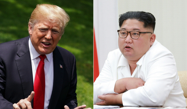 도널드(왼쪽) 트럼프 대통령이 24일(현지시간) 6·12 싱가포르 북미정상회담을 전격 취소하면서 김정은 북한 국무위원장과의 만남은 결국 무산됐다. 사진은 23일 워싱턴DC 백악관에서 전용헬기 ‘마린원’에 탑승하기에 앞서 기자들의 질문에 답변하고 있는 트럼프 대통령과 지난 18일 노동당 중앙군사위원회 제7기 1차 확대회의에 참석한 김 위원장의 모습. /AFP연합뉴스