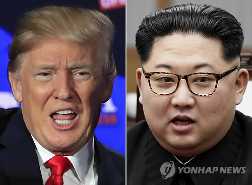 北김계관 "대범하고 열린 마음으로 美에 시간·기회 줄 용의" (워싱턴 AP=연합뉴스) 도널드 트럼프 미국 대통령(왼쪽)과 김정은 북한 국무위원장의 합성사진. 트럼프 대통령이 6·12 싱가포르 북미정상회담을 전격 취소하자 북한 김계관 외무성 제1부상은 25일 '김 위원장의 위임'에 따른 담화를 발표, "조선반도와 인류의 평화와 안정을 위하여 모든 것을 다하려는 우리의 목표와 의지에는 변함이 없으며 우리는 항상 대범하고 열린 마음으로 미국측에 시간과 기회를 줄 용의가 있다"고 밝혔다.      ymarshal@yna.co.kr