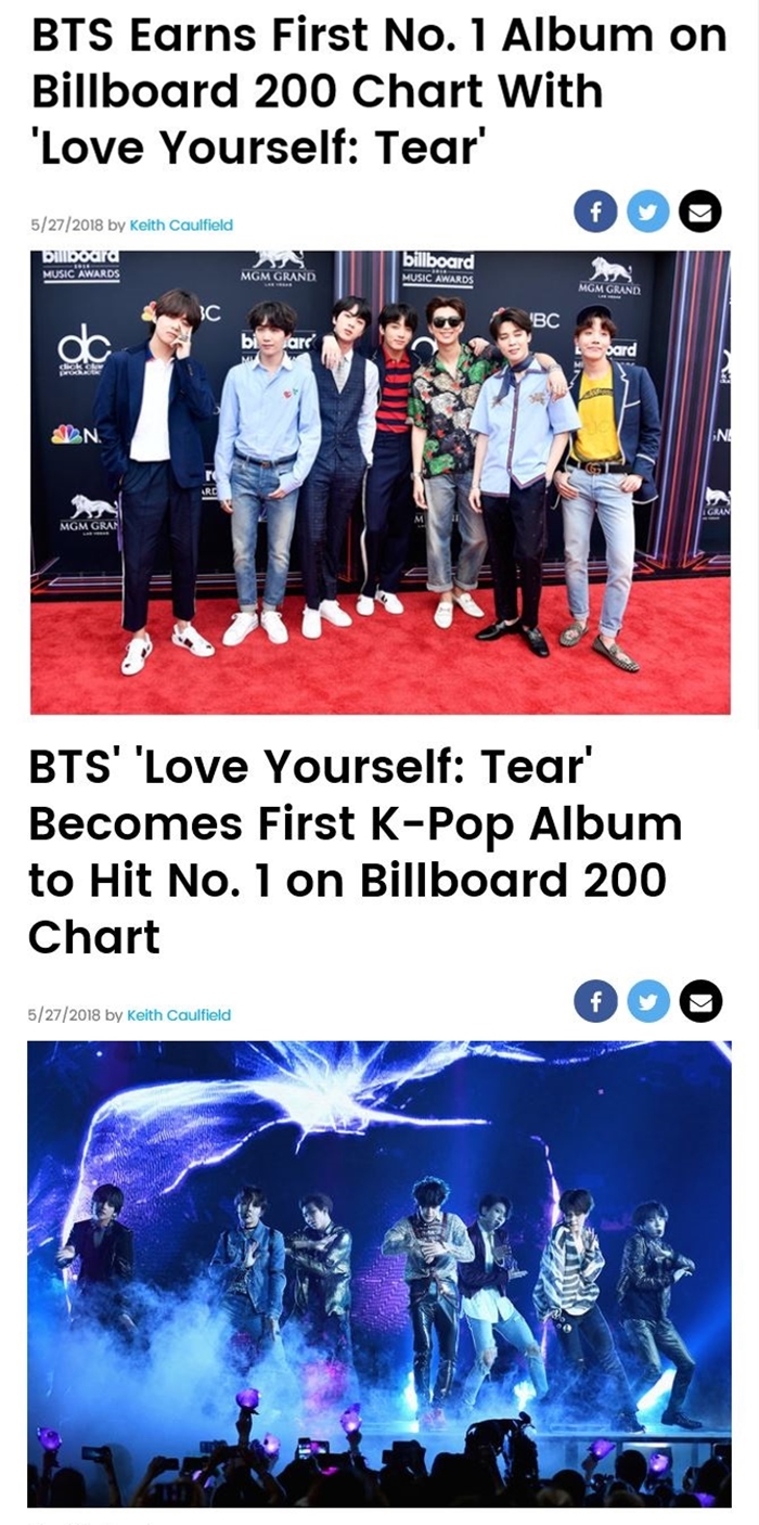 The Singer who took the top spot on the Billboardss charts came out. BTS is the main character.Billboardss said BTS new album LOVE YOURSELF Tear was ranked # 1 on the Billboardss 200.Billboardss said on the 27th (local time) that the BTS was the first Korean group to take the top spot on the Billboardss 200 (BTS Love Yourself: Tear Becomes First K-Pop Album to Hit No.1 on Billboardss 200 Chart) and BTS Boys won their first number one spot on the Billboardss 200 with LOVE YOURSELF Tear (BTS Earns First No.1 Album on Billboardss 200 Chart With Love Yourself: Tear) posted a series of articles titled and topped the BTS Billboardss 200 charts.Billboardss introduces LOVE YOURSELF Tear is the first album on the Billboardss 200 and the second album on the Billboardss 200 Top 10. BTS has won 135,000 points from the album figures counted until the 24th, .It is the first album in foreign language, not English since 2006. Billboardss said, The Bulletproof Boys Team ranked the top 10 in the Billboardss 200 for the second consecutive time by setting the top record in the Billboardss 200 with LOVE YOURSELF Her announced last September.Meanwhile, the latest chart of the Billboardss 200 will be posted on the Billboardss site on May 30 local time.It is noteworthy whether the BTS, which won the top of the Billboardss chart, will be the first in the Billboardss Hot 100 as it is aimed.