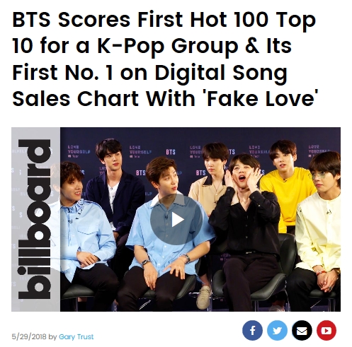 Group BTS (RM, Jean, Sugar, Jay Hop, Jimin, Vu, and Jung Guk) hit the United States of America Billboard chart once again.As much as it is, it is the top 10 on the Hot 100 chart.According to the United States of America Billboard on May 30 (hereinafter referred to as Korea Time), BTS entered the Hot 100 chart with its regular third album LOVE YOURSELF Tear (pre-Love Yourself Tear) title song FAKE LOVE released on the 18th.BTS has breached the top 10 of the Hot 100 for the first time among K-pop groups, Billboard said. This led BTS to break its 28th record, the highest K-pop group record on the Hot 100 chart, which was achieved in a remix version of MIC Drop released last December.▲ Already in Korea, there is no record + soundtrack complete,BTS has already been regarded as a team that has played both the music and soundtrack among K-pop singers in Korea.Idol singers with thick fandom are stronger in the record than soundtrack, and popular singers with relatively small fandom are often prominent in the soundtrack chart.However, BTS swept the grand prize with both soundtrack and music at the end of last year and at the song awards ceremony held earlier this year.The grades achieved through Shinbo are also in line with this move.The new song FAKE LOVE (Fake Love) topped eight soundtrack charts, including Melon, the nations largest soundtrack site, shortly after its release.In particular, the title song recorded 107,885 entry users immediately after the soundtrack release, and the number of entry users has been renewed since the Melon chart reorganization.BTS existing record was 93,899, which was recorded as DNA last September.In the record category, it is a level of no match: It won the title of Million Sellers (a singer who sold more than one record) in One Week.According to the record sales aggregation site Hanter Chart on the 25th, BTS new album sold a total of 1 million 3,524 copies during One Week (May 18-24).This is the first week of BTS album sales, which is 250,000 more than the previous initial sales volume of 759,263.The number of pre-orders in Korea before the release was 1.52,552, so the sales volume of the album is also a concern.It also worked in United States of America beyond KoreaBillboard 200 (a chart that ranks the most popular albums in the United States of America by quantifying the Billboard main record charts/music charts, track sales, and streaming performance) and Hot 100 (a chart that ranks the most popular albums in the United States of America) and Billboard main soundtrack charts/song sales, radio airplay, soundtrack streaming, etc. A chart that ranks the most popular soundtrack in America) is a major chart among the two major mountain ranges of the United States of America Billboard charts.Earlier, BTS entered the #1 spot on the Billboard 200 on Friday, making a new history of K-pop.BTS previous record of its own on the chart was the seventh place set by its previous mini album LOVE YOURSELF Her (Love Yourself Victory Her), released in September last year.As a result, BTS added a new K-pop record of entering the Billboard 200 for a total of six albums, starting with its first entry into the chart with its mini album In the Mood for Love Part Two released in November 2015.According to Billboard, BTS has earned a total of 135,000 points in album figures compiled by the 24th, making it the second highest record of group album sales in 2018.It is only 12 years since the album, which is not English but foreign, became the top chart.Earlier in 2006, the male crossover group Il Divo became the number one player on the chart with the album Ancora sung in Spanish, Italian and French.Two days later, he also wrote a new record on Hot 100 on the 30th.The BTS previous record was 28th in the MIC Drop remix version last December.Prior to that, LOVE YOURSELF, which was released in September last year, was the first to enter the Hot 100 with Her title song DNA.Since then, DNA has risen 18 stairs in a week and has climbed to 67th.▲ Lower grades than PSY? Whats greatBTSs Hot 100 ranked 10th is the second highest among K-pop singers.The Korean singer, who recorded the highest record earlier, is PSY, which ranked second on the charts with the Gangnam Style in 2012 and caused a world-class craze.Since then, PSY has re-entered the charts at number 5 with Gentleman in 2013.However, both songs have been ranked after the first entry to the top 10, which is different from the entry of BTS to the top 10.PSYs best entry was 12th in the Gentleman list, and the longest record was second for the seventh consecutive week in the Gangnam Style.The record of the K-pops highest entry by BTS is due to the explosive popularity that started locally at the same time as the release of the new album.In short, it is a proof that the song sales volume, streaming data, and radio play have been high since the first week of release.In fact, FAKE LOVE ranked first and seventh on Billboards Digital Song Sales and streaming Song charts, respectively.In short, the most downloaded song in the week United States of America means BTS FAKE LOVE in Korean.For streaming, it hit 27.4 million times, aligning with prominent World singers such as Drake and Childish Gambino.hwang hye-jin