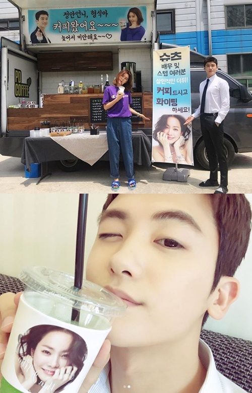 Actor Han Ji-min sent a cheering gift to Suits Chae Jung-an and Park Hyung-sik.On the afternoon of the 6th, Park Hyung-sik released a photo on his instagram saying, Thank you for swimming, angel Han Ji-min forever.In the open photo, he is creating a cheerful atmosphere with Chae Jung-an, who is currently appearing in KBS2 drama Suits.The two are smiling brightly in front of a coffee car presented by actor Han Ji-min.Also, the warm cheer phrase Suits actors and staffs, lets have murderous heat, coffee and fight is impressive.Meanwhile, Han Ji-min attended the 63rd Memorial Day Memorial Ceremony held at Daejeon Civic Center in the morning and read the memorial tribute.