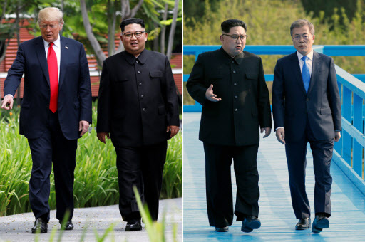[사진설명=미국 도널드 트럼프 대통령과 북한 김정은 국무위원장이 12일(현지시간) 싱가포르 센토사 섬 카펠라 호텔에서 업무오찬을 마친 뒤 산책하고 있다. 오른쪽 사진은 지난 4월 27일 도보다리에서 산책 중인 문재인 대통령과 김 위원장. 사진제공=연합뉴스]