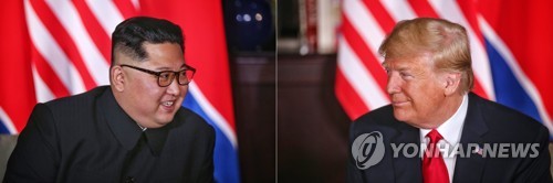 [북미정상회담] 북미, CVID 이루어질까 (싱가포르=연합뉴스) 역사적 첫 북미정상회담이 열린 12일 오전 싱가포르 센토사 섬 카펠라호텔에서 북한 김정은 국무위원장(왼쪽)과 미국 도널드 트럼프 대통령이 단독회담을 하고 있다. 2018.6.12 [싱가포르 통신정보부 제공=연합뉴스]      photo@yna.co.kr