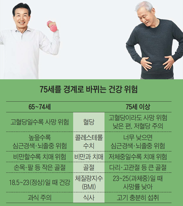 비교적 젊고 건강한 75세 미만 노인은 살을 빼고 과식을 피해야 하지만, 고령이면서 쇠약해진 75세 이상 노인은 고기 등 단백질을 되도록 많이 먹으면서 체중이 줄지 않도록 관리해야 한다. /신지호 헬스조선 기자