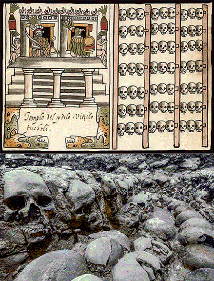 아즈텍 문명의 재물 희생 의식과, 여기서 희생된 사람의 유골로 촘판틀리를 만든 삽화(위)와 실제 발굴조사로 발견한 촘판틀리의 모습이다.-science 제공