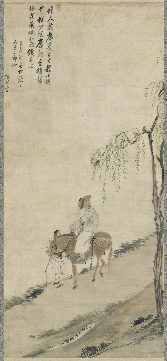 김홍도의 ‘마상청앵’(지본담채, 117.2x52.0㎝, 보물 제1970호). [사진 간송미술관 제공]