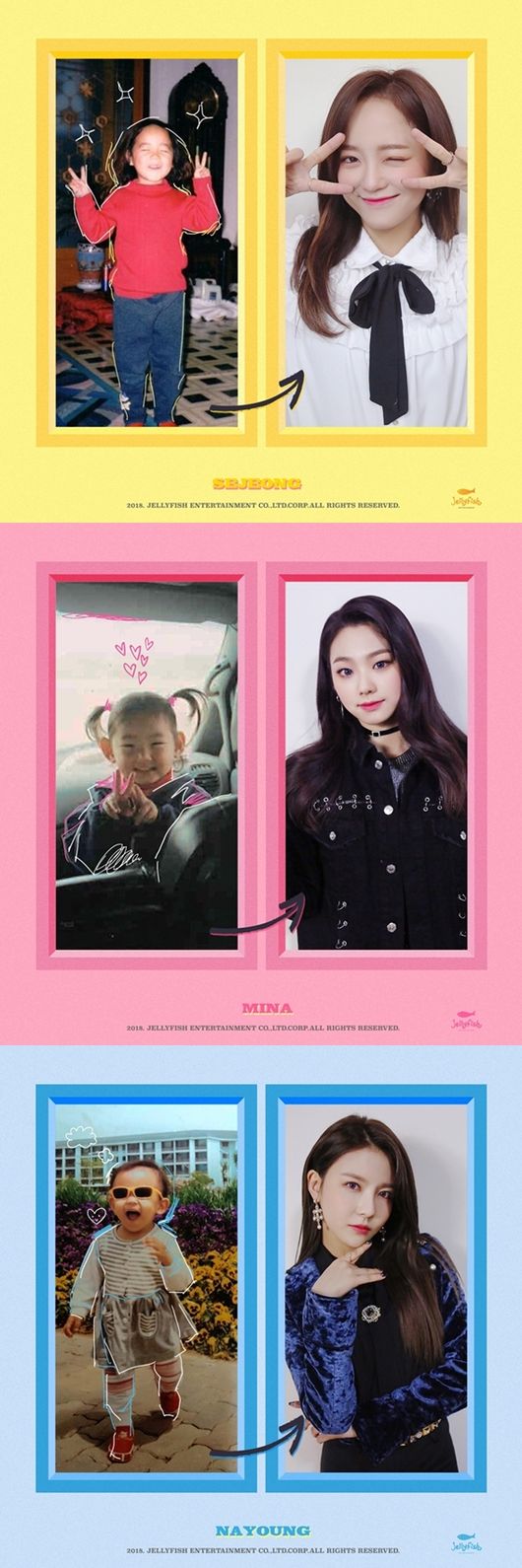 Gugudan Sejeong Mina Na Youngs cute childhood is revealed and draws Eye-catching.Gugudan Sejeong Mina Na Young is getting a hot response from fans by releasing photos of past childhood through various official SNS channels of her agency Jellyfish Entertainment at 0:00 on the 30th.In the public childhood photos, Sejeong is now loved by the public with a healthy image and lively energy, so he takes a clear pose even in his childhood and attracts Eye-catching.The cute yet youthful charm is seen in childhood and shows a sample of a well-growing child.Mina boasts a clear eye with a Down charm with a pair of hair styles.The half-moon eyes, which became the trademark of Mina now 20 years old, are clearly visible even in childhood.As Na-young, who grew up as a pelvic goddess, she also wears sunglasses in colorful sneakers in her childhood, showing her fashionable charm in the future.All three showed a good example of a well-bred child and proved to be a beautiful look icon.Fans who encountered the photos responded hotly, saying, Sejeong, Mina, and Na Young have grown healthy and beautiful with their charms.Earlier, Sejeong Mina Na Young made a surprise release of the jackpot teaser video, and further upgraded the class of All A class, which was introduced at the time of Mnet Produce 101, to capture the publics eye-catching.Sejeong Mina Na Young, who is considered a perfect combination from Fdu, will release the new content on the single album released on July 10th.Jellyfish Entertainment.