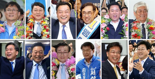 6ㆍ13 국회의원 재보궐 선거 당선인. 첫 번째 줄 왼쪽부터 서울 노원병 김성환, 서울 송파을 최재성, 부산 해운대을 윤준호, 인천 남동갑 맹성규, 광주 서갑 송갑석, 울산 북구 이상헌, 두번째 줄 왼쪽부터 충북 제천.단양 이후삼, 충남 천안갑 이규희, 충남 천안병 윤일규, 전남 영암.무안.신안 서삼석, 경북 김천 송언석, 경남 김해을 김정호 당선인. 연합뉴스