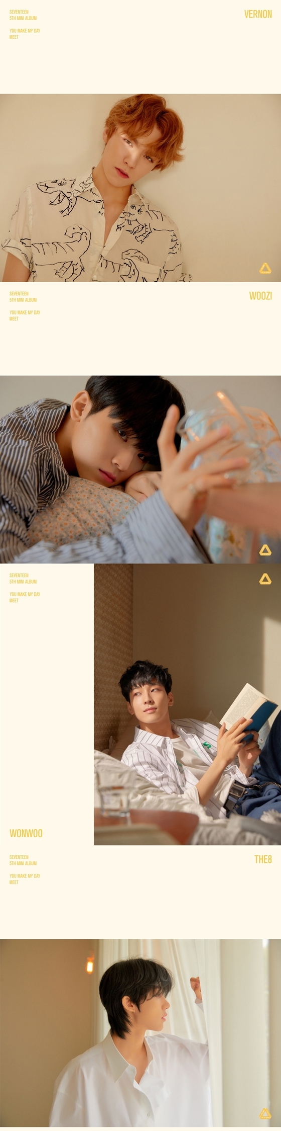 Group Seventeen, who has been collecting topics every day after confirming the release of the mini 5th album, released the title song.Pledice Entertainment, a subsidiary company, first unveiled its first personal official photo with the title song Whats the My My Day of the mini 5th album YOU MAKE MY DAY through the official SNS channel of midnight on the 4th.Seventeens title song Whats wrong, which was released with official photo, is said to be a song that captures their more sophisticated and upgraded charm than the refreshment that Seventeen, the representative of the soft stone, has emphasized.Also released together with this MEET ver.The official photo attracted attention by the members of the Seventeen members who showed different charms of 13 colors in a space where the sunshine came in and the warm color was felt.First, Vernon, Uji, and Wonwoo boasted a more perfect visual with a natural atmosphere and a gentle eye, as well as a more mature atmosphere with light.Finally, Dino, Kim Mingyu, Jun, and Hoshi have attracted a variety of charms in a natural atmosphere, including charismatic appearances and cute appearances. Yoon Jeonghan, Joshua, Seung Kwan, and Escuops have stared at the front in each place with a quiet and languid feeling, creating a warm and lyrical atmosphere.On the other hand, Seventeen will release the entire song soundtrack of the mini 5th album YOU MAKE MY DAY (Y Make My Day) through various online soundtrack sites at 6 pm on the 16th.Photo: Pledis Entertainment
