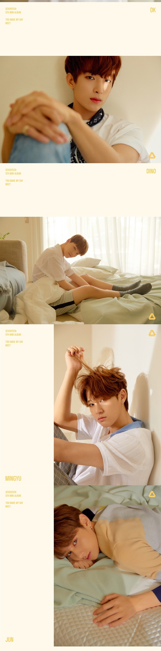Group Seventeen, who has been collecting topics every day after confirming the release of the mini 5th album, released the title song.Pledice Entertainment, a subsidiary company, first unveiled its first personal official photo with the title song Whats the My My Day of the mini 5th album YOU MAKE MY DAY through the official SNS channel of midnight on the 4th.Seventeens title song Whats wrong, which was released with official photo, is said to be a song that captures their more sophisticated and upgraded charm than the refreshment that Seventeen, the representative of the soft stone, has emphasized.Also released together with this MEET ver.The official photo attracted attention by the members of the Seventeen members who showed different charms of 13 colors in a space where the sunshine came in and the warm color was felt.First, Vernon, Uji, and Wonwoo boasted a more perfect visual with a natural atmosphere and a gentle eye, as well as a more mature atmosphere with light.Finally, Dino, Kim Mingyu, Jun, and Hoshi have attracted a variety of charms in a natural atmosphere, including charismatic appearances and cute appearances. Yoon Jeonghan, Joshua, Seung Kwan, and Escuops have stared at the front in each place with a quiet and languid feeling, creating a warm and lyrical atmosphere.On the other hand, Seventeen will release the entire song soundtrack of the mini 5th album YOU MAKE MY DAY (Y Make My Day) through various online soundtrack sites at 6 pm on the 16th.Photo: Pledis Entertainment