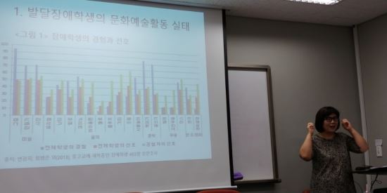 발달장애인 문화예술 활동실태에 대해 정병은 박사가 4일 서울대 농석회의실 220동 533호에서 개최된 발달장애인 문화예술 네트워크 발족식에서 주제발표를 하고 있다. 정창교 기자