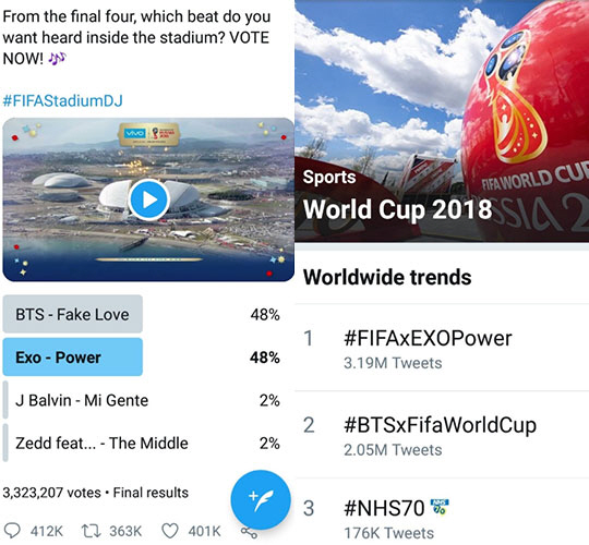 EXOs Power resonates at the scene of the 2018 World Cup semifinal in Russia thanks to beating BTS Fake Love in the global netizen vote.FIFA conducted a survey on the official SNS on the 4th of the month on Songs I Want to Listen to in the World Cup semifinals.As a result, EXOs Power, DJ Aviciis Hey Brother and Queens We Will Rock You were selected.The survey was conducted via FIFAs Twitter Inc. (EXO), Instagram (Avicii) and Facebook (Queen).In particular, BTS Fake Love and EXO Power, which have recently emerged as K-pop representatives, have been on the global ranch.EXO Power was named on Twitter Inc. questionnaires along with BTS Fake Love, Jay Balvins Mi Gente and Jeds The Middle.The total number of votes cast in the two-day survey is 3,323,207.EXOs EXOel and BTSs Ami fought to put each others songs in the World Cup quarter-finals.EXO, which earned a total of 159,925 votes as a result of the final result, outpaced BTS by about 8,500 votes, which earned 159,705 votes.FIFA officials posted the results of the vote and expressed their gratitude to both EXO and BTS fans who showed a hot fever.The official Olympic account that received this news linked the Power performance of EXO at the closing ceremony of the Pyeongchang Olympic Games.Power, which has an exciting melody and spectacular performance, was honored to celebrate the 2018 Olympics and the worlds big sports event called the World Cup.The 2018 World Cup semi-finals will be held at St Petersburg on the 11th and at Luzhniki Stadium in Moscow on the 12th.