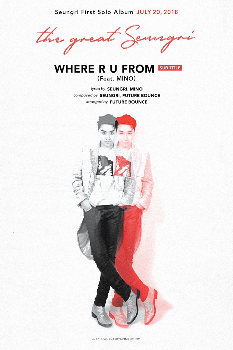 YG Entertainment released its first solo album sub title song WHERE R U FROM Teaser poster on its official blog on the 7th.The most noticeable part of this Teaser is that WINNER Song Min-ho participated in the feature.I am looking forward to seeing what new synergy these unexpected combinations will bring.The main title song of Seungri, Set Selteni, is a new and fresh song that the public could not easily expect, while the sub title song WHERE R U FROM is an exciting dance party song that goes well with Seungtsubi, the nickname of Seungri.YG singers have decided to play a single title song these days and have also focused on music videos, said a YG official.On the other hand, Seungri is the first regular album to be released after his debut, so he has produced music videos for the sub title song. I hope that both title song Set Seltenie and sub title song WHERE R U FROM will be loved by fans.The WHERE R U FROM movie will feature Song Min-ho in the feature, and we are adjusting the schedule so that we can stand together on the first stage, he said.WHERE R U FROM songwriting was jointly participated by Seungri and Song Min-ho, and the composition was named by Seungri and Future Bounce.The title song of the new song, Set Selteni (1,2,3!), which was released earlier, was produced by hit maker Teddy Park, and Seungri participated in the songwriting and composition.This is also the first time that Victory and Teddy Park have worked together, so the eyes and ears of domestic and foreign music fans are attracting attention to the new song of Victory, which predicted a new change.Victory will make a comeback on the 20th with his first solo album THE GREAT SEUNGRI.It is only five years since the album Lets Talk About Love in August 2013, and it is an opportunity to meet the musical charm of Seungri, not Big Bang.In this regard, Seungri said, The preparation is already over and the ability should be properly developed. I do not feel ashamed of the members.Representative producer Yang Hyun-seok also conveyed the news of the comeback of Seungri, introducing it as a reversal solo album and 2018 YG No. 5 hitter, raising expectations.Victory will make a solo comeback on the 20th, followed by a first solo concert SEUNGRI 2018 1st SOLO TOUR [THE GREAT SEUNGRI] in SEOUL x BC CARD at Jangchung Gymnasium in Seoul from August 4th to 5th at 6 pm.Photo = YG Entertainment