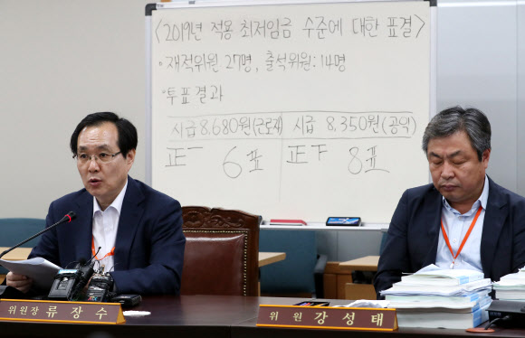 사측 퇴장 속 최저임금 인상안 가결 - 지난 14일 정부세종청사 고용노동부에서 열린 최저임금위원회 전원회의에서 류장수(왼쪽) 위원장과 강성태 위원이 내년도 최저임금을 발표하고 있다. 이날 회의에는 사용자위원 9명 전원과 노동자위원 4명이 불참했다. 사용자위원이 모두 불참한 것은 국내 최저임금 30년 역사상 처음이다. 세종 연합뉴스