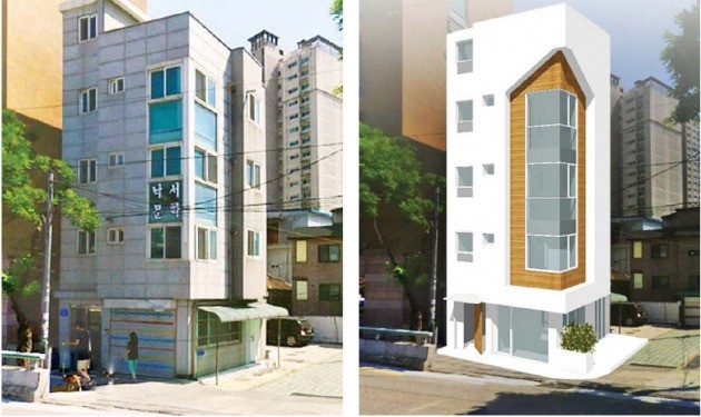 서울 성산동 상가주택의 리모델링 전(왼쪽)과 후의 모습.