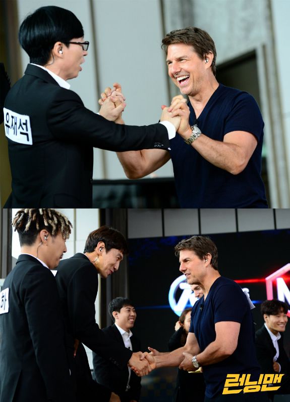 SBS released a photo of the recent entertainment program Running Man recording on the 20th.Tom Cruise, Henry Carville and Simon Pegg, who visited Korea to promote the movie Mission Impossible: Fallout, were on the scene.Even at the actual shooting scene, the two (Yoo Jae-Suk and Tom Cruise) looked toxic, the production team said.The broadcast with members of Running Man and the cast of Mission Impossible will be broadcast at 4:50 pm on the 22nd (Sunday).