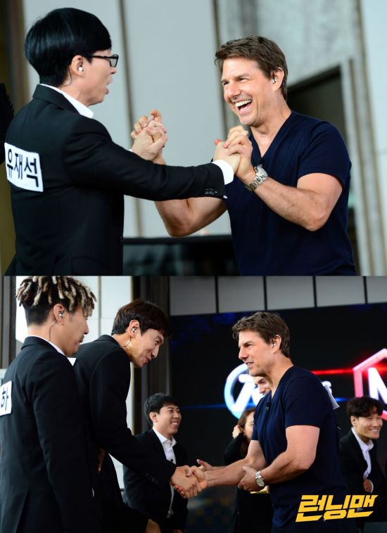 National MC Yo Jae-Suk and Hollywood actor Tom Cruise finally met.Tom Cruise, Henry Carville and Simon Pegg of the movie Mission Impossible: Fallout, which had a big topic with only notice, appeared in the recent SBS Running Man recording.In particular, the meeting of Tom Cruise, who is known as Yurs Willis and Yims Bond in Running Man and is known as Mission Impossible series through the Yoo Jae-Suk, who is a big player in the spy mission, is expected to be a big topic.In the actual shooting scene, the two showed a friendly appearance, and the special chemistry of Yo Jae-Suk and Tom Cruise can be confirmed through broadcasting.The meeting between Running Man members and Mission Impossible characters Tom Cruise, Henry Carville and Simon Pegg will be broadcast on Running Man which will be broadcast at 4:50 pm on the 22nd.