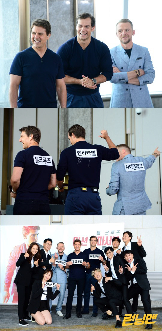 Tom Cruise, Henry Carville and Simon Pegg, the leading actors in the film Mission Impossible: Fallout, have attached the signature name tag for SBS Running Man.The three actors posed side by side in the recent Running Man recording and enthusiastically enthusiastically attracted members and crew members.The actors who saw the name tag in Hangul expressed satisfaction with a strange smile and a bright smile.On the other hand, the recording scene on this day was the firefighter itself.The members of Running Man and Mission Impossible members had a pleasant time like a team even though they met for a short time due to a tight schedule.A special confrontation between Running Man members and Mission Impossible: Paul Out members can be found at Running Man broadcasted at 4:50 pm on the 22nd.