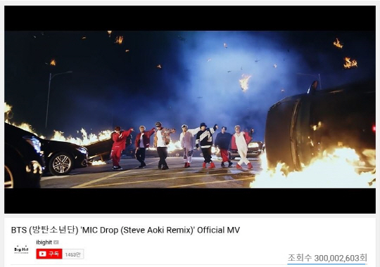 BTS MIC Drop remix Music Video has exceeded 300 million views.The MIC Drop remix Music Video, which was released in November last year, exceeded 300 million views of YouTube views at 6:52 pm on the 26th.As a result, BTS has the fifth 300 million view Music Video following DNA, Burning, Bloody Sweat Tears, and has the largest record in the Korean group.The MIC Drop remix shows BTSs own swag by adding sensational remixes by world-renowned DJ Steve Aoki to the song MIC Drop from the LOVE YOURSELF album released last September, and free lapping by new rapper designers.Especially, Music Video is famous for its last scene, dropping the microphone to a unique and intense sound.BTS is the first Korean group to exceed 400 million views in June with DNA, and has a total of four 200 million views Music Videos including Not Today, Save ME, Sang Man and FAKE LOVE.In addition, four music videos, including Spring Day, Danger, I NEED U and Hormone War, exceeded 100 million views.On the other hand, BTS will release the repackage album LOVE YOURSELF Answer on August 24th.