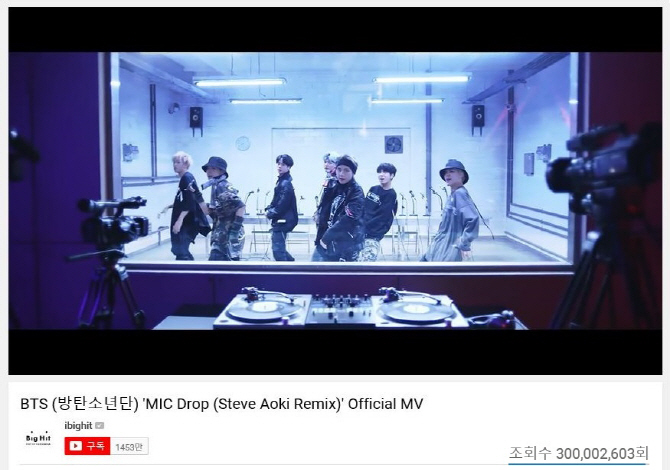 The MIC Drop remix Music Video, which was released in November last year, exceeded 300 million views on YouTube at 6:52 pm on the 26th.As a result, BTS has the fifth 300 million view Music Video following DNA, Burning, Bloody Tears, and has the highest record in the Korean group.The MIC Drop remix shows BTSs own swag by adding sensational remixes by world-renowned DJ Steve Aoki to the song MIC Drop from the LOVE YOURSELF album released in September last year, and free lapping by new rapper designers.On the other hand, BTS will release the repackaged album LOVE YOURSELF Answer on August 24th.in-time