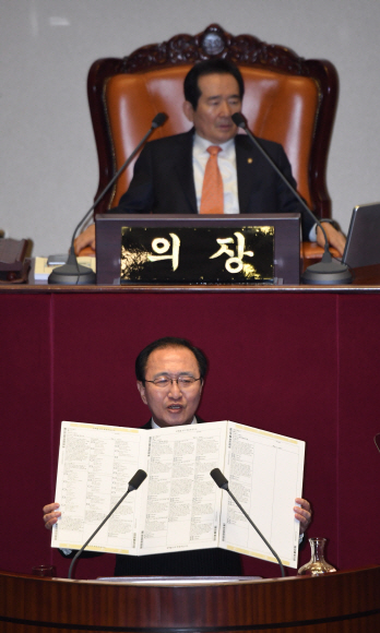 노회찬 정의당 의원이 지난 2월 6일 원내대표로서 비교섭단체 대표연설을 하던 중 미국의 투표용지를 들어보이고 있다. 노 의원은 “미국 유권자는 26번 기표하는데 우리나라는 8번”이라며 “대한민국 국민이 미국 국민보다 더 작은 권력을 가져야 할 이유가 없다”며 연동형 비례대표제 도입을 촉구했다.