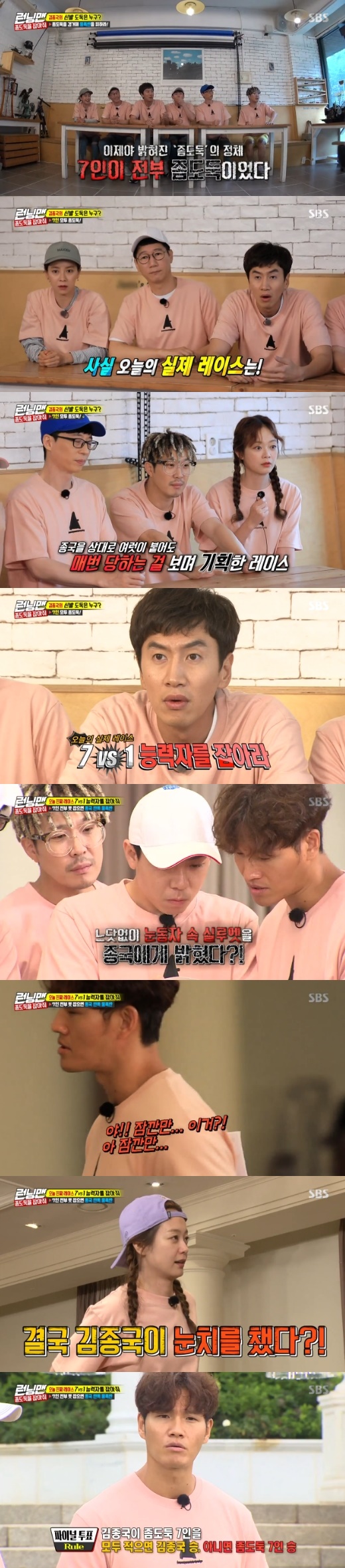 Running Man members played a 7-1 race against the talented Kim Jong-kook.On SBS Running Man broadcast on the 29th, The Little Thief Hold Race was drawn.On this day, the members came to the hint acquisition mission to find a thief who stole Kim Jong-kook shoes.With various missions repeated, Kim Jong-kook continued to doubt Ji Suk-jin.But the Little Thief identity was a reversal.With the mission going on and hints being passed on, The Little Thief was Lee Kwang-soo, Yang Se-chan, Yoo Jae-Suk, Haha, Ji Suk-jin, Song Ji-hyo and Jeon So-min, excluding Kim Jong-kook.That was Catch the Ability to Battle 7-1.The members of the seven had to be unsuspected by Kim Jong-kook that they were accomplices.If Kim Jong-kook did not vote for the entire seven in the final vote, the members won and Kim Jong-kook was subject to a single water bomb penalty.When Kim Jong-kook voted all seven as thieves, the members were penalized; they had to carry out The Little Thief mission as a relay.Kim Jong-kook made a big mistake that Yang Se-chan could give a hint while Murder, She Wrote The Little Thief.Kim Jong-kook, who was hinting at Murder, She Wrote, suspected that he was not one and began to doubt the members.Kim Jong-kook noticed the strange atmosphere of the members and said, Why do not you do Murder, She Wrote? The atmosphere is strange and does not speak too much.Members were left gibberish in embarrassment at Kim Jong-kook Murder, She Wrote.Eventually Kim Jong-kook won by pointing the entire member to The Little Thief.Seven people, except Kim Jong-kook, were hit by water bombs, and Kim Jong-kook was punished for a trouble.