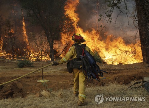 캘리포니아 레딩에서 화재 진압 중인 소방관 [AP=연합뉴스]