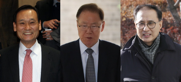 왼쪽부터 이팔성 전 우리금융지주 회장, 김백준 전 대통령실 총무기획관, 이동형 다스 부사장. (사진=연합뉴스)