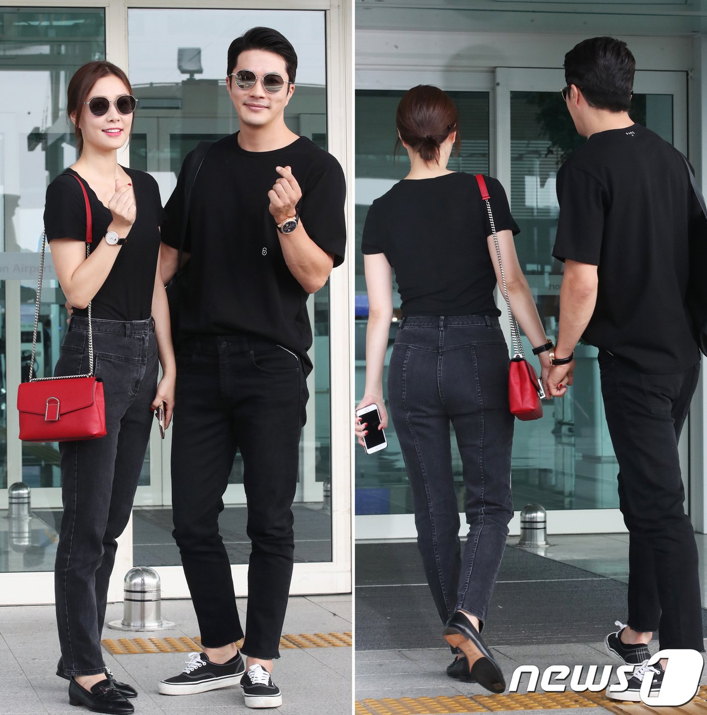 The pair wore a black couple as the entertainment industrys leading encore couple, Son Tae-young wearing a T-shirt and black jeans with a black V-neckline.Here, I matched the red bag and gave a point to the costume that could seem flat.Kwon Sang-woo completed a comfortable yet stylish airport fashion by wearing sneakers with white in black costumes.In particular, the two completed a loving couple look with sunglasses, watches and costume tones.