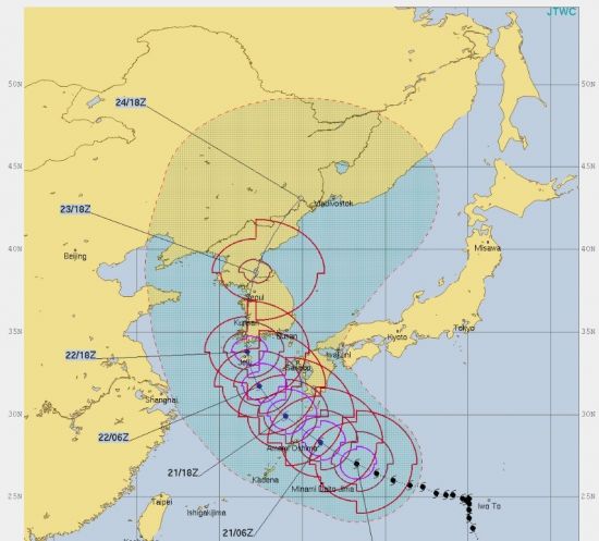 미국 합동태풍경보센터(JTWC)가 밝힌 태풍 솔릭의 예상경로(자료= 미국 합동태풍경보센터(JTWC))